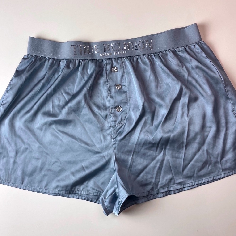 True Religion Womens Satin Sleep Boxer Shorts Blue Rhinestone Logo XL RN90737